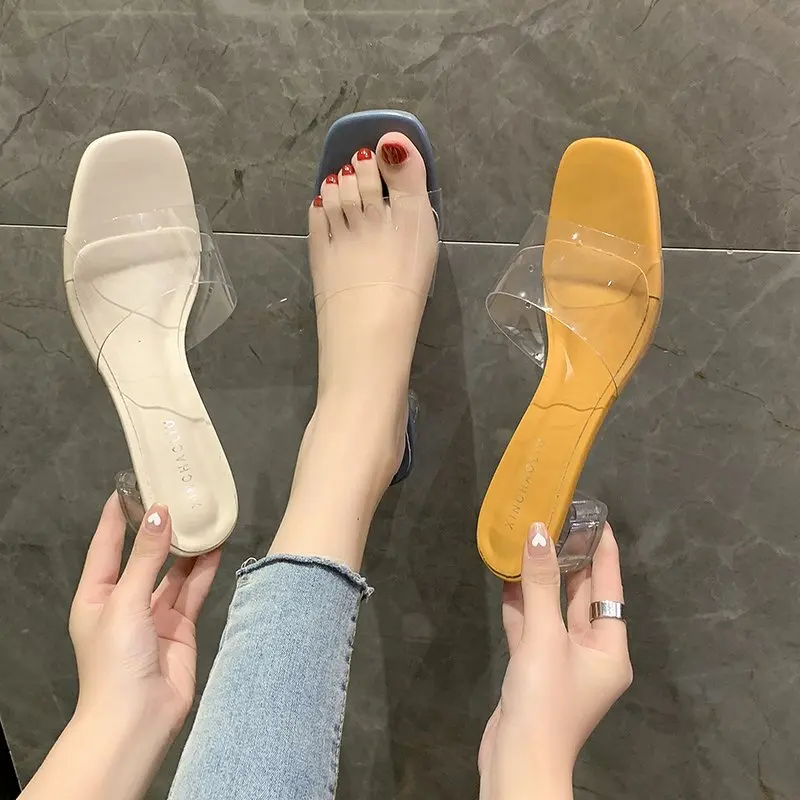 2021 чистый красный прозрачный толстый каблук с кристаллами женские шлепанцы