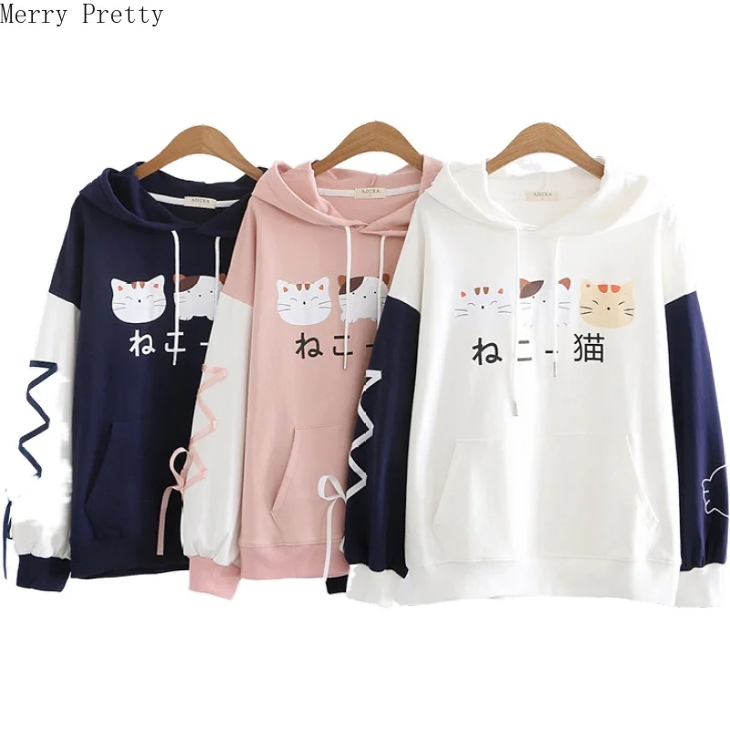 Женская забавная толстовка с капюшоном и принтом кота из мультфильма на шнуровке