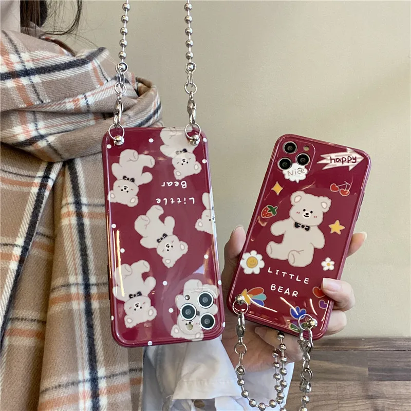 Cute Bear Hand Chain Pattern Phone Cases For iPhone X XR XS 12 mini 11 Pro Max SE2020 7 8 Plus Fashion Bracelet Rope Soft Cover | Мобильные