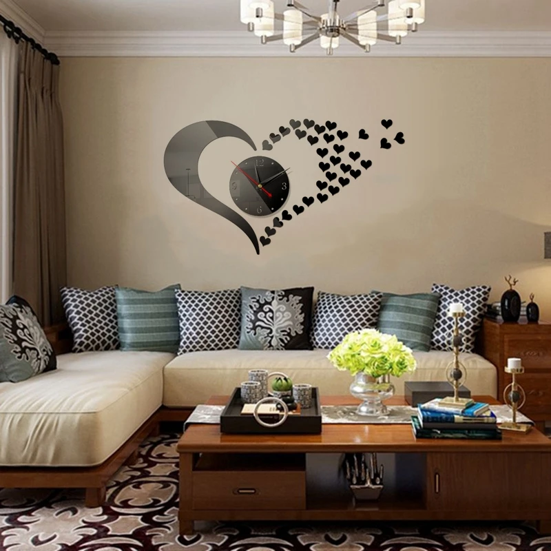 

Love Acrylic 3D mirror Quartz Watch Real Wall Stickers Home Wall Decoration Heart Fashion Wall Clock Modern Design Clocks