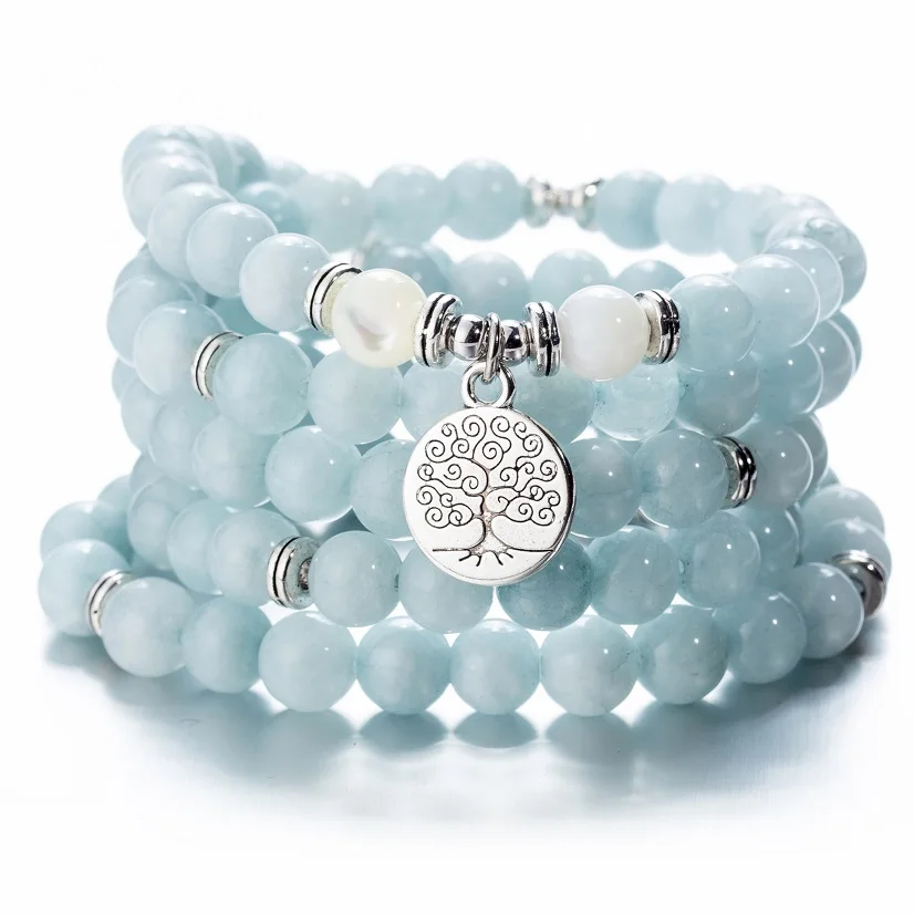 blue tree Женские 108 бусины, розовые камни, эластичные браслеты, Lotus OM, Будда, молитва, любовь, массивные ювелирные изделия - Окраска металла: blue tree