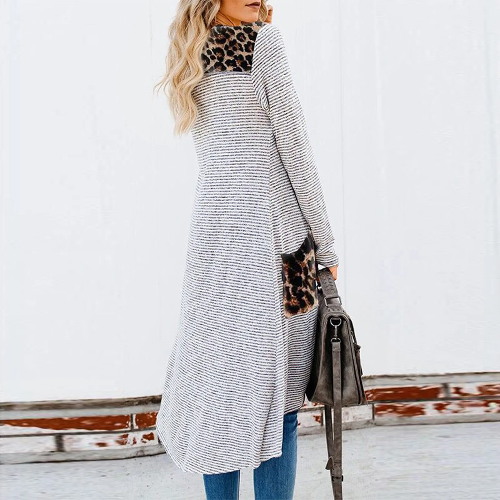 

Woman Pocket Stripe Print Leopard Long Coats Long Sleeve Outwear