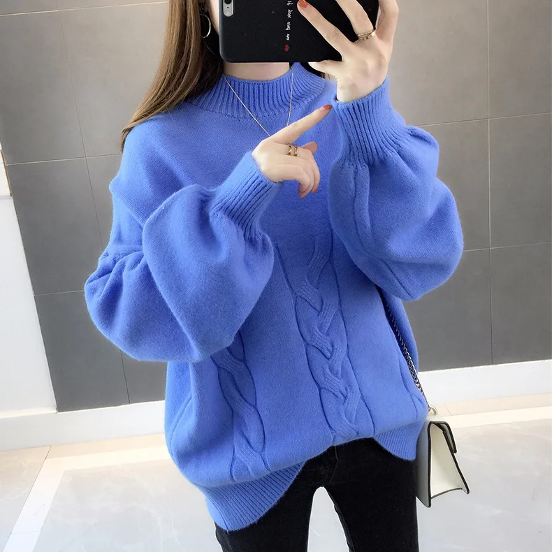 0.6 New Arrival Thick Winter Knitted Women Sweater Pink Half Turtleneck Solid Color Loose Pullover Korea | Женская одежда