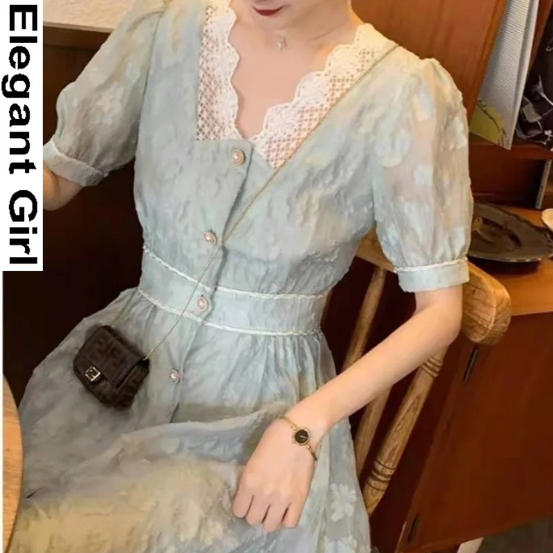 

Women Lace Sexy Elegant Floral Dress Summer Vintage Dress V-Neck Designer Female Casual Chic Slim Short Sleeve Fairy Dress 2021