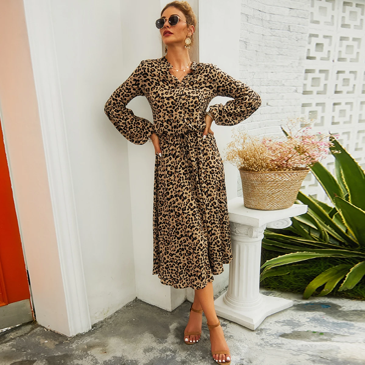 

Jastie Leopard Print Women Dress Elegant Long Sleeve V Neck Party Dresses Casual Long Work Wear Streetwear Retro Maxi Dress 2022