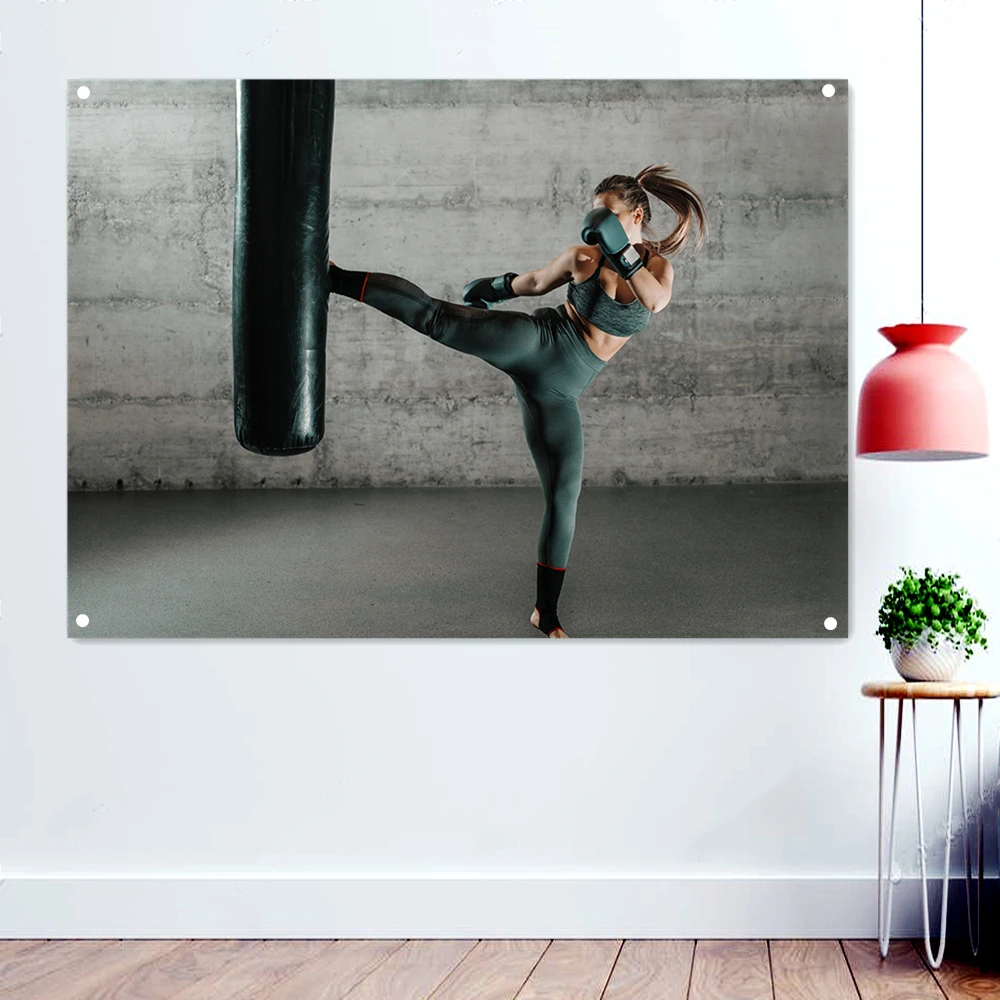 

Female Boxer in Training Wallpaper Poster Kickboxing, Muay Thai, Martial Arts Banner Flag Canvas Painting Artwork Gym Decoration