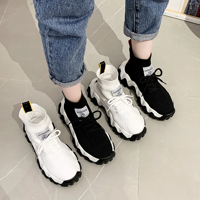 Высокие кроссовки на платформе Женские Дышащие Трикотажные толстой подошве