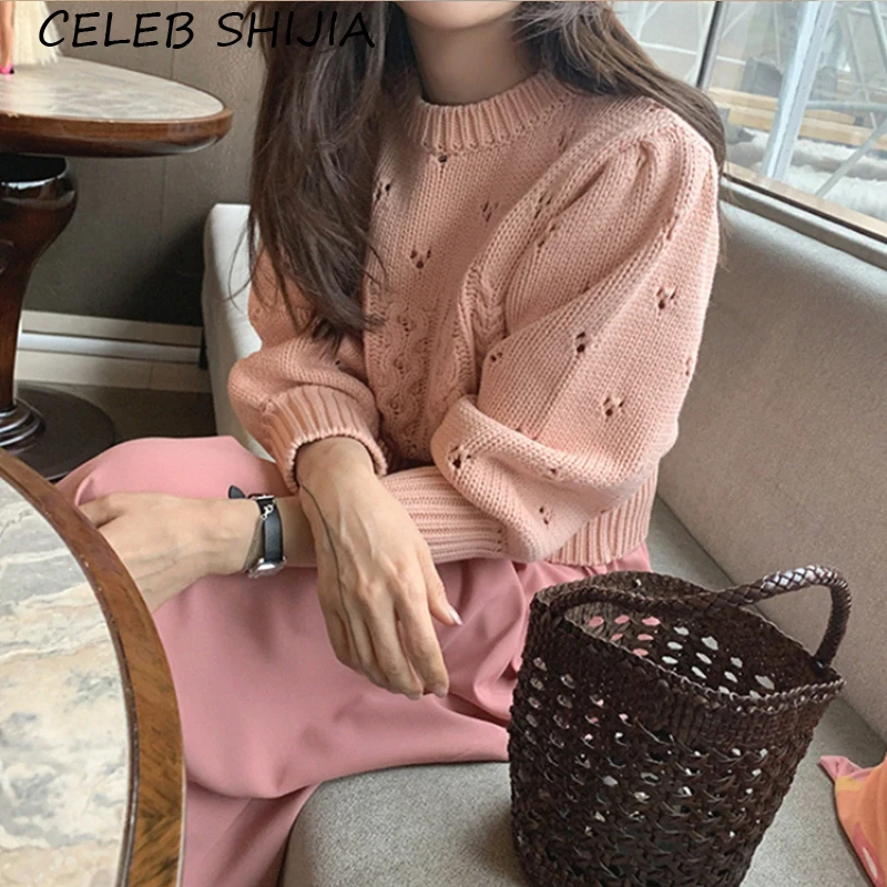 

Женский вязаный свитер с круглым вырезом SHIJIA, Розовый Повседневный шикарный вязаный пуловер с длинным рукавом, зима 2020