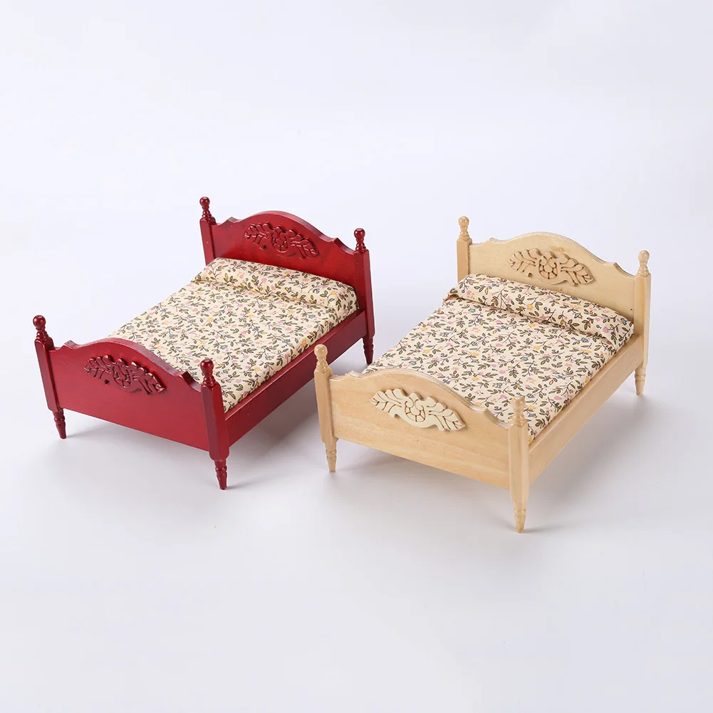 

Miniature Dollhouse Furniture Double Bed Cute Kid Children Presents Gift Birch Plywood DIY Handcraft Desktop Decor
