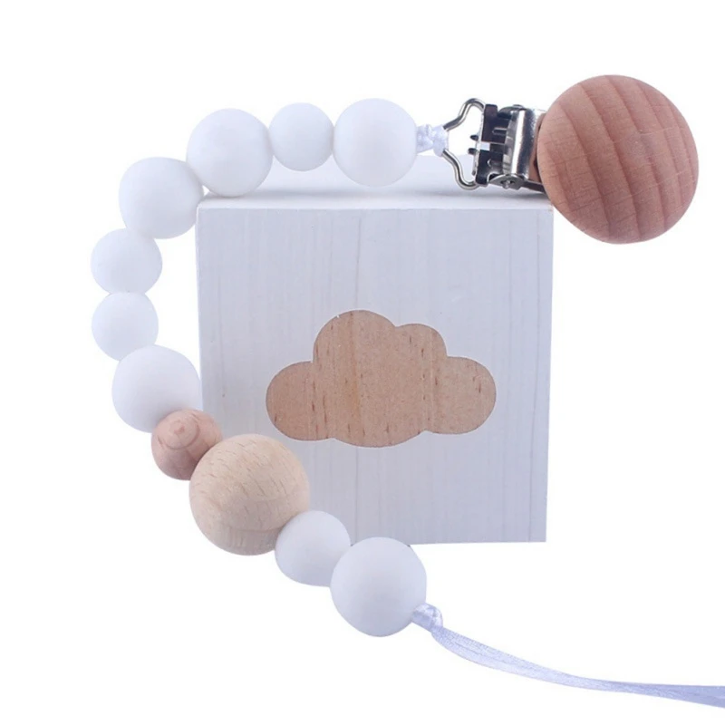 

Baby Pacifier Clip Silicone Beads Wood Teether Chew Toy Dummy Nipple Teethers Clip Holder Baby Shower