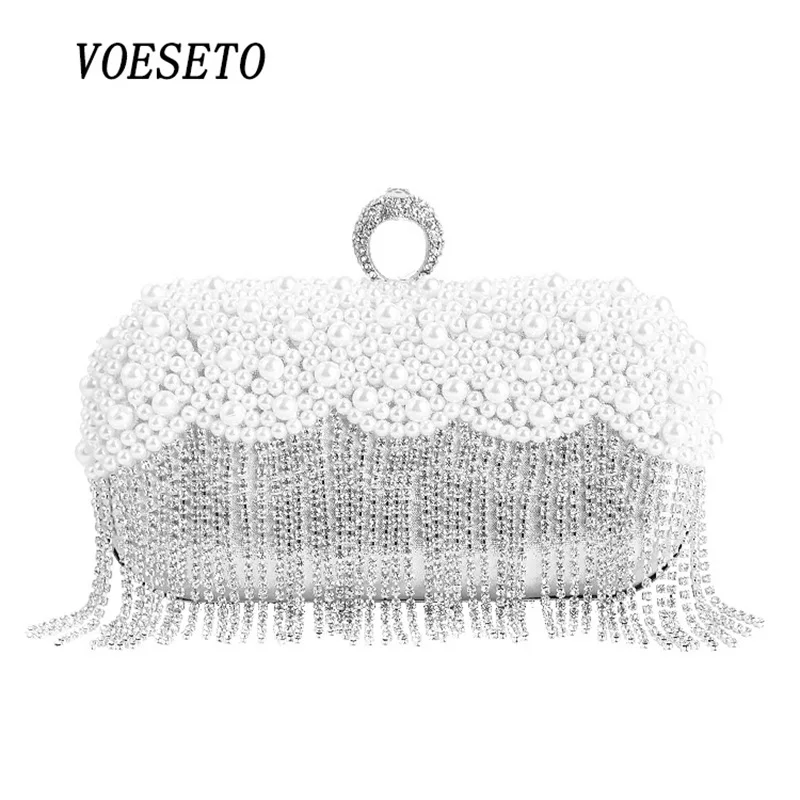

Glitter Luxury Party Bridal Clutch Pearl Bags Wedding For Women 2021 New Evening Silver Gold Bead Fringed Bags Rhinestone Purse