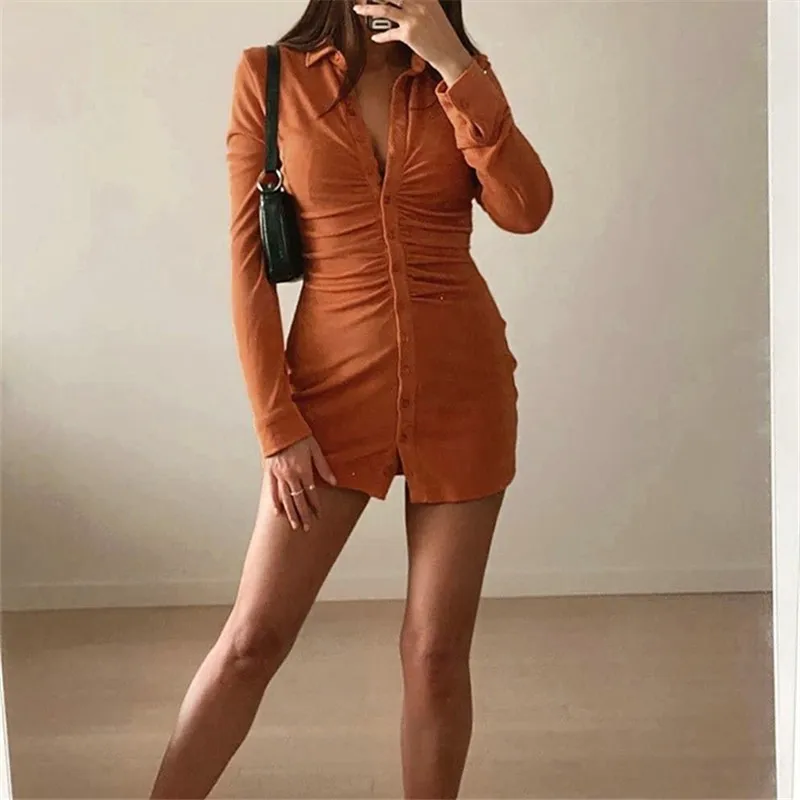 

Autumn Fashion Slim Cute Sexy Solid Color Single-breasted Long Sleeve SML Shirt Style Woman Casual Skinny Dress Lady Mini Dress
