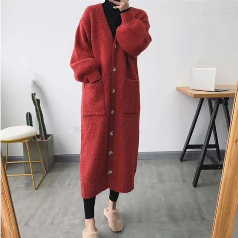 Женский длинный шерстяной свитер с v-образным вырезом однобортный вязаный