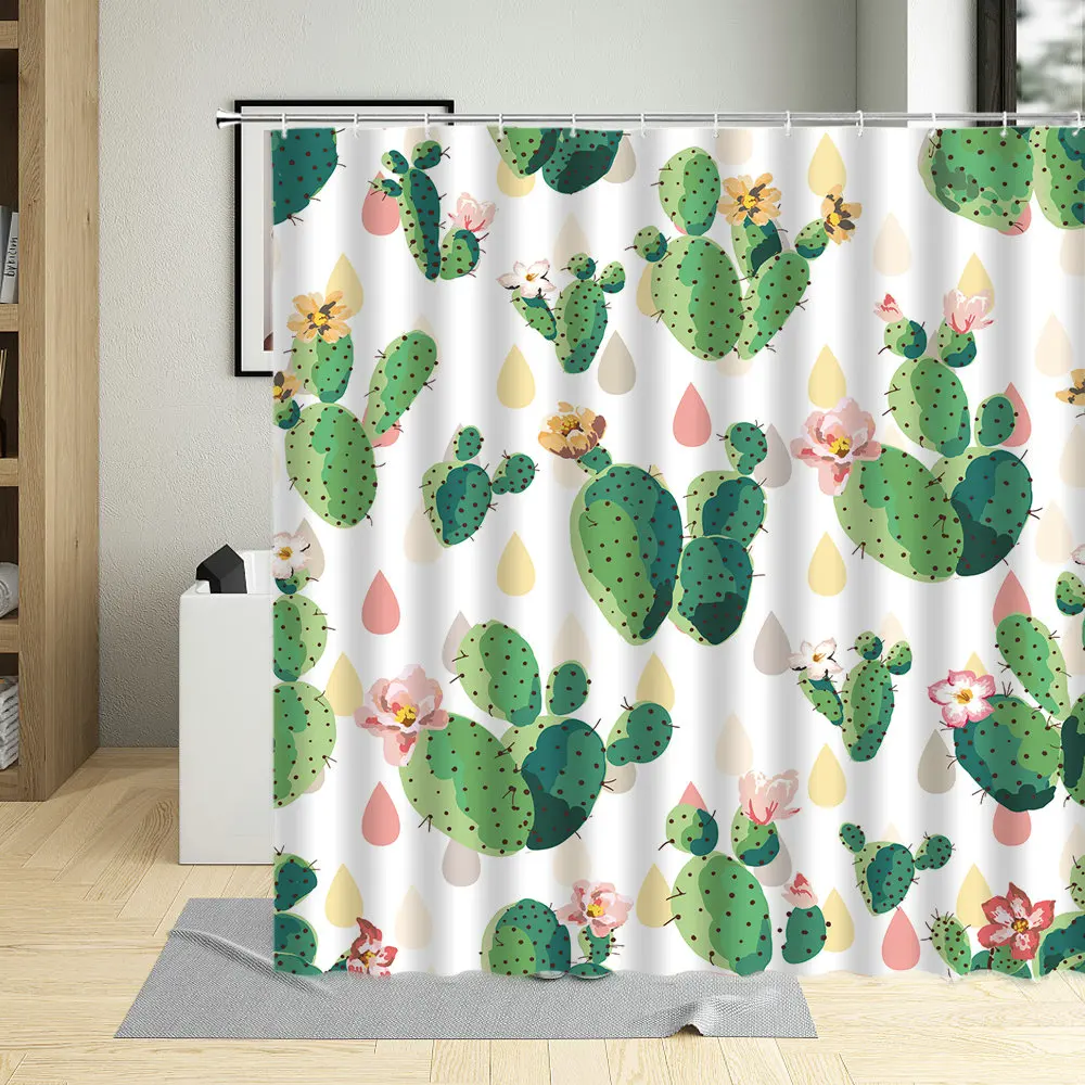 

Tropical Plants Bathroom Curtains Cartoons Green Cactus Printing Shower Curtain Set Waterproof Polyester Bathtub Decor With Hook