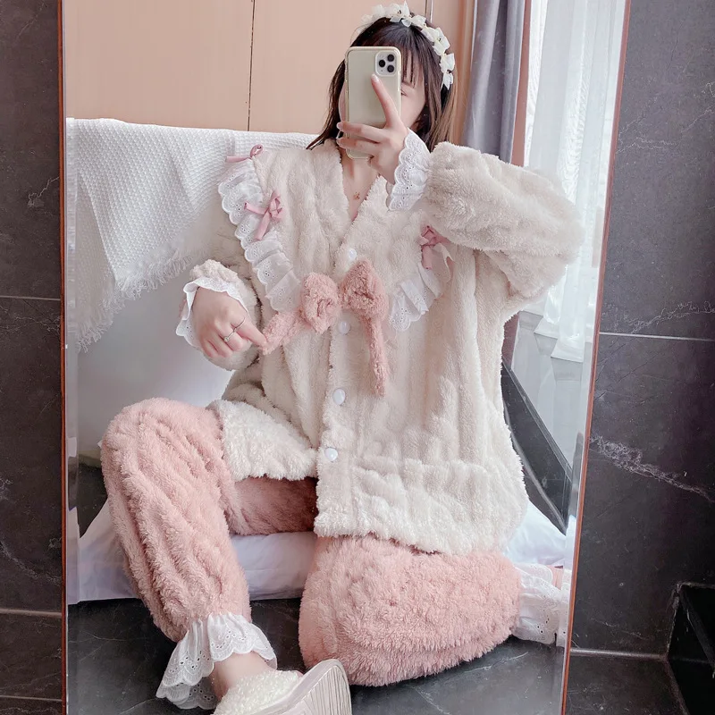 

2022 Autumn Winter Pajamas Set Women Sleep Shirt & Pant Set Sleepwear Thick Warm Flannel Nightgown Female Pijamas F308