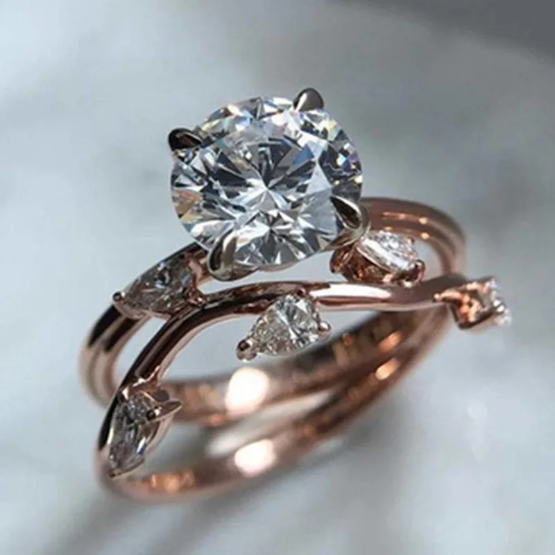 

Classic Rose Gold Plated Teardrop Round Crystal Ring Women's Wedding Engagement Party Jewelry Size 6-10