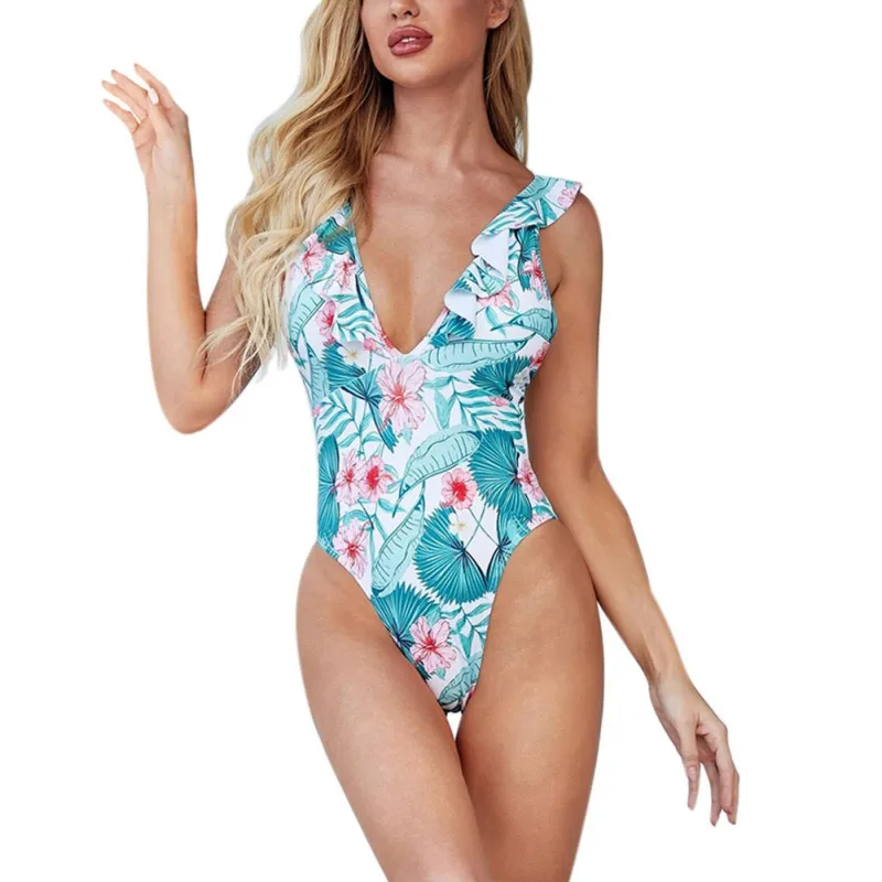 

Women's Deep V One Piece Swimsuit With Ruffle Collar Printing Summer Sexy Lady Girl Bodysuits Swimwear Hot Bechwear