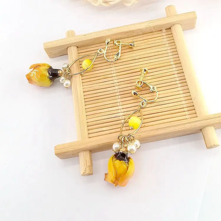 

New Real Flower Earrings Dried Flower Yellow Rose Sweet and Cute Style Elegant Dangle Earrings Ear Clips