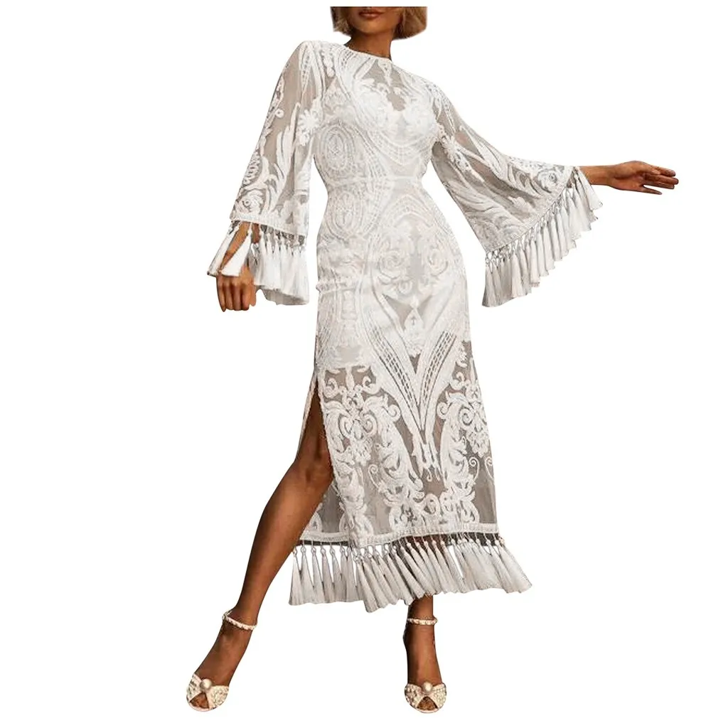 Women Elegant Autumn Dress Long Women's Retro O-neck Flare Sleeve High Waist Embroidered Print Fringe Vestidos#g3 | Женская одежда