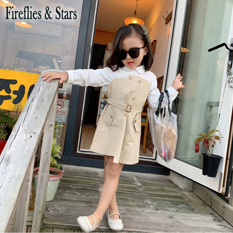 Spring Autumn girls blouse dress Baby kids brand clothes Children vestidos fake two waistband double breasted 3 to 8 yrs | Детская