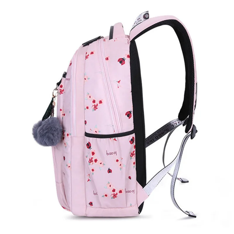 Школьный рюкзак для девочек-подростков черный розовый с плюшевыми мячиками |