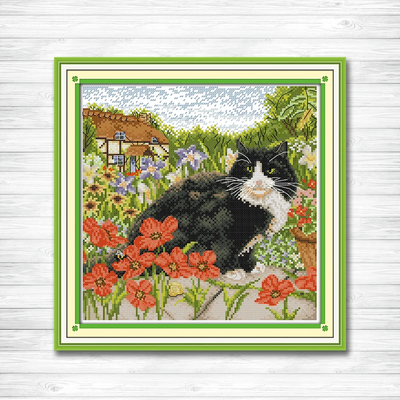 Картина черная кошка и Мак напечатанная на холсте DMC 14CT 11CT Китайская вышивка