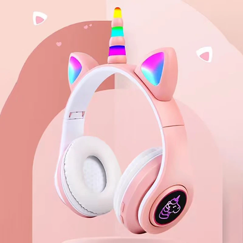 Cute Unicorn Bluetooth Headphones For Children Cat Ear Flash Glowing Gaming Headset With Microphone Stereo Earphones Kids Gifts