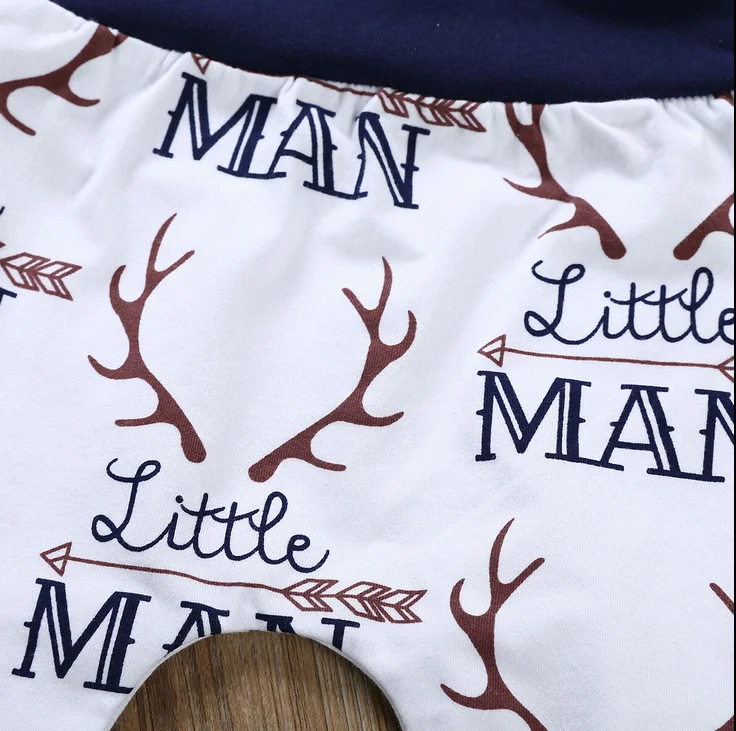 

2021 New Spring 0-18M Baby Boy 3Pcs Set MOMMY'S OTHER MAN Short Sleeve Letter Print Bodysuit+Antlers Pants+Hat Toddler Clothes