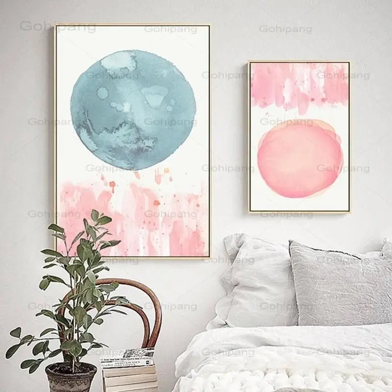 Картина на холсте абстрактный акварельный розовый синий постер и печать в