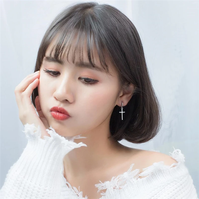 

Sole Memory Fashion Pop Cross Circle Personality Cool 925 Sterling Silver Fashion Female Dangle Earrings SEA634