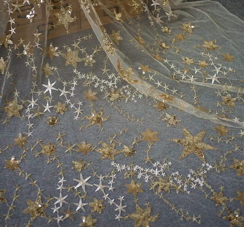Кружевная ткань с блестками и пятиконечной звездой вышивкой сетчатая из пряжи
