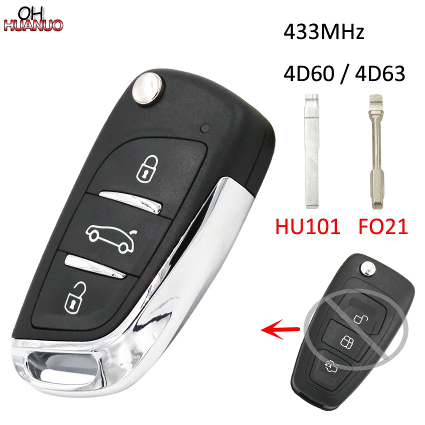 Складной дистанционный ключ для Ford Focus Mondeo Fiesta 2012-2015 3 кнопки 433 МГц 4D60/4D63 80 бит |