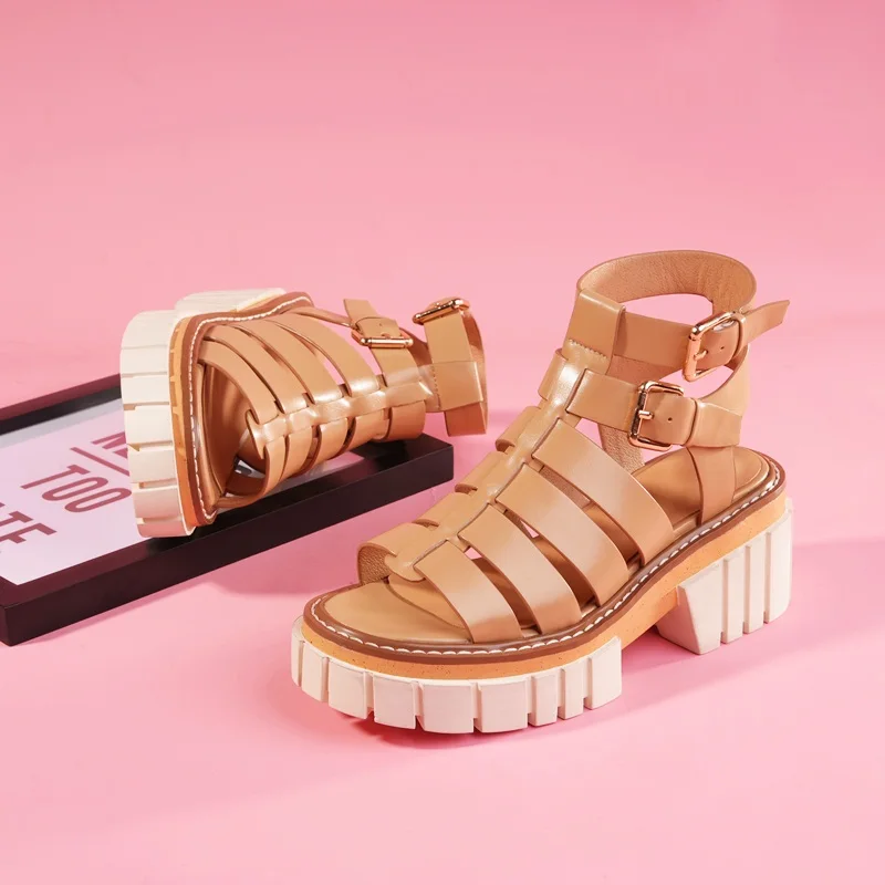 

Womens Sandals New Brand Genuine Leather Thick Heel Platform Punk Black Dress Party Casual Summer Shoes Woman Gladiator Sandals