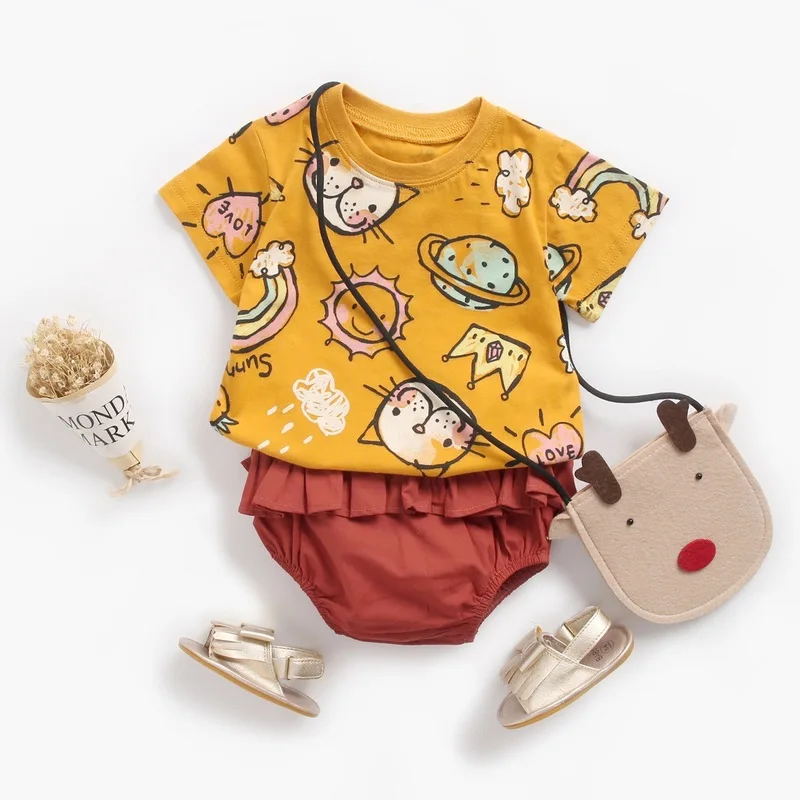 Children Short Sleeve summer clothing female baby suit newborn cartoon cat T-shirt briefs two-piece Romper children clothes | Детская