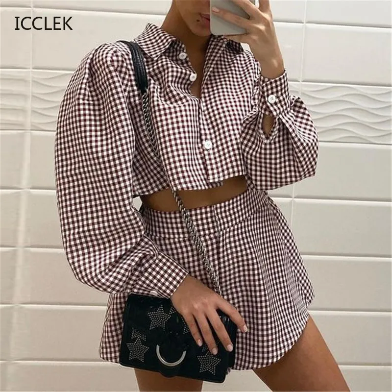 

Y2K Plaid Lounge Wear Tracksuit Shorts Set Long Puff Sleeve Button Shirt Top And Zipper Mini Shorts Women Two Piece Set Outfits