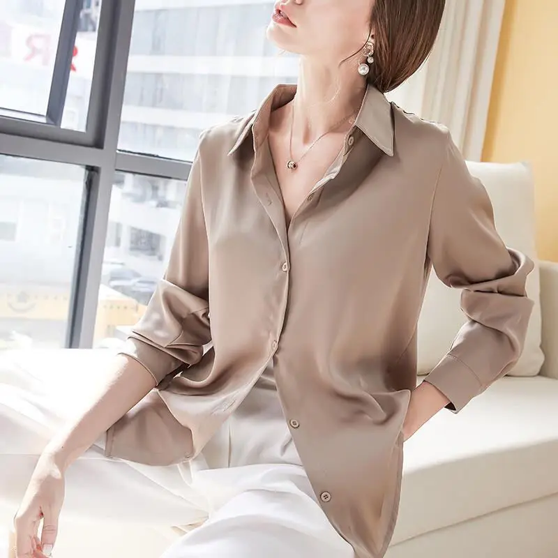 

Fall New Style Long Sleeved Women's Blouse Temperament Wild Loose Chiffon Shirt Drape Satin Shirt High-end Anti-wrinkle