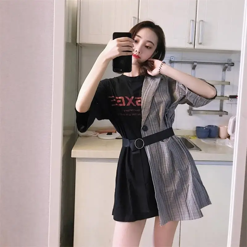 Ins Lattice Stitching Fake Two Piece Letter Dress Women's Clothes Japan Kawaii Retro Female Korean Harajuku Dresses For Women | Женская