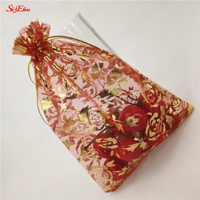red 50 шт., 7x9, 9x12, 11x16, 13x18, 15x20, 20x30 см, позолоченные розы из органзы, ювелирные изделия, сумки для свадебной вечеринки, украшения, сувениры, сумки для подарков 5Z - Цвет: red