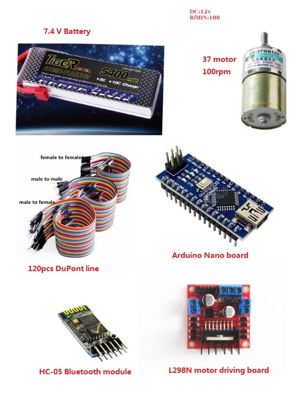 Плата Arduino Nano + плата для вождения двигателя L298N HC 05 модуль Bluetooth батарея 7 4 В 37