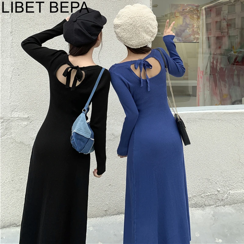 

2021 New Spring Autumn Women Knitting Dress Basic Bottoming Cutout Sexy Warm Elasticity Lady Vintage Wild Long Dresses DR40033
