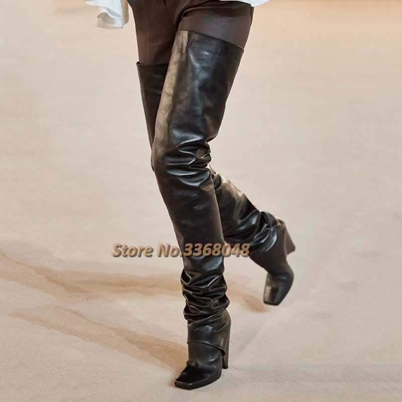 

Square Toe Spike Heel Thigh High Boots Patent Leather Runway New Arrivals Pant Boots Fashion Ladies Winter Pleated Long Boots