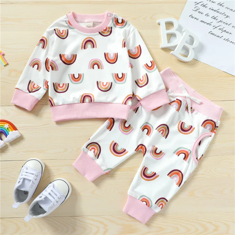 

Комплект из 2 предметов для маленьких девочек из хлопка с радужным принтом, повседневный милый пуловер с длинным рукавом и О-образным вырезо...