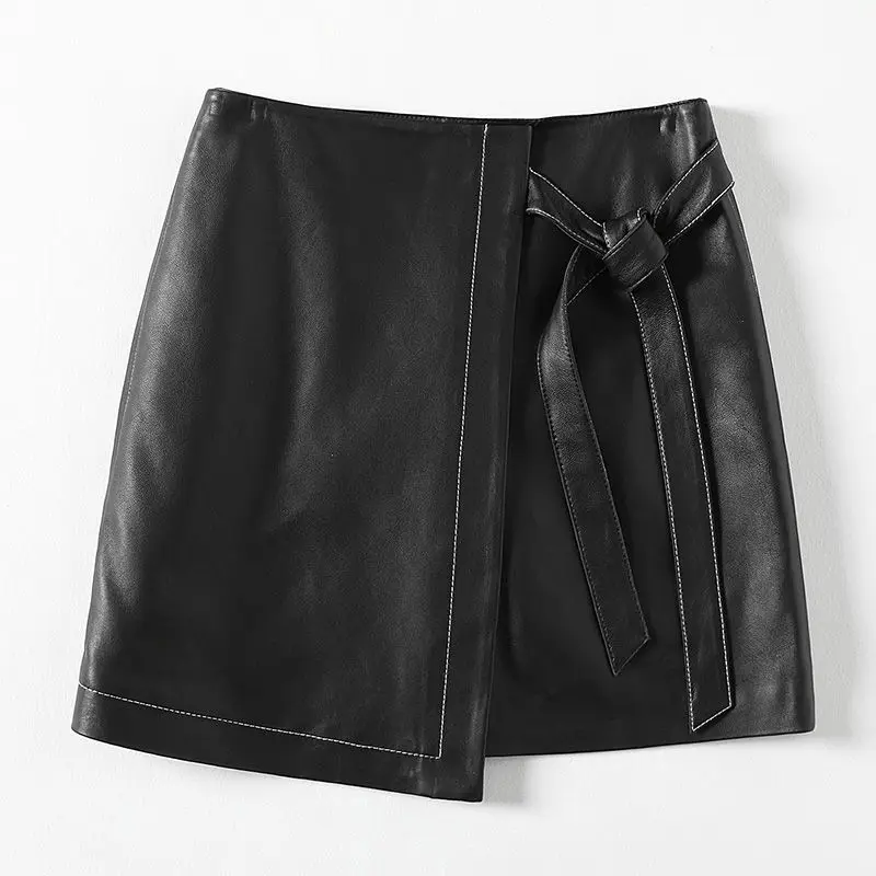 

Spring Solid Color Lace-up Mini Real Leather Skirt Women Genuine Sheepskin Irregular Short Buttock Skirt Y289