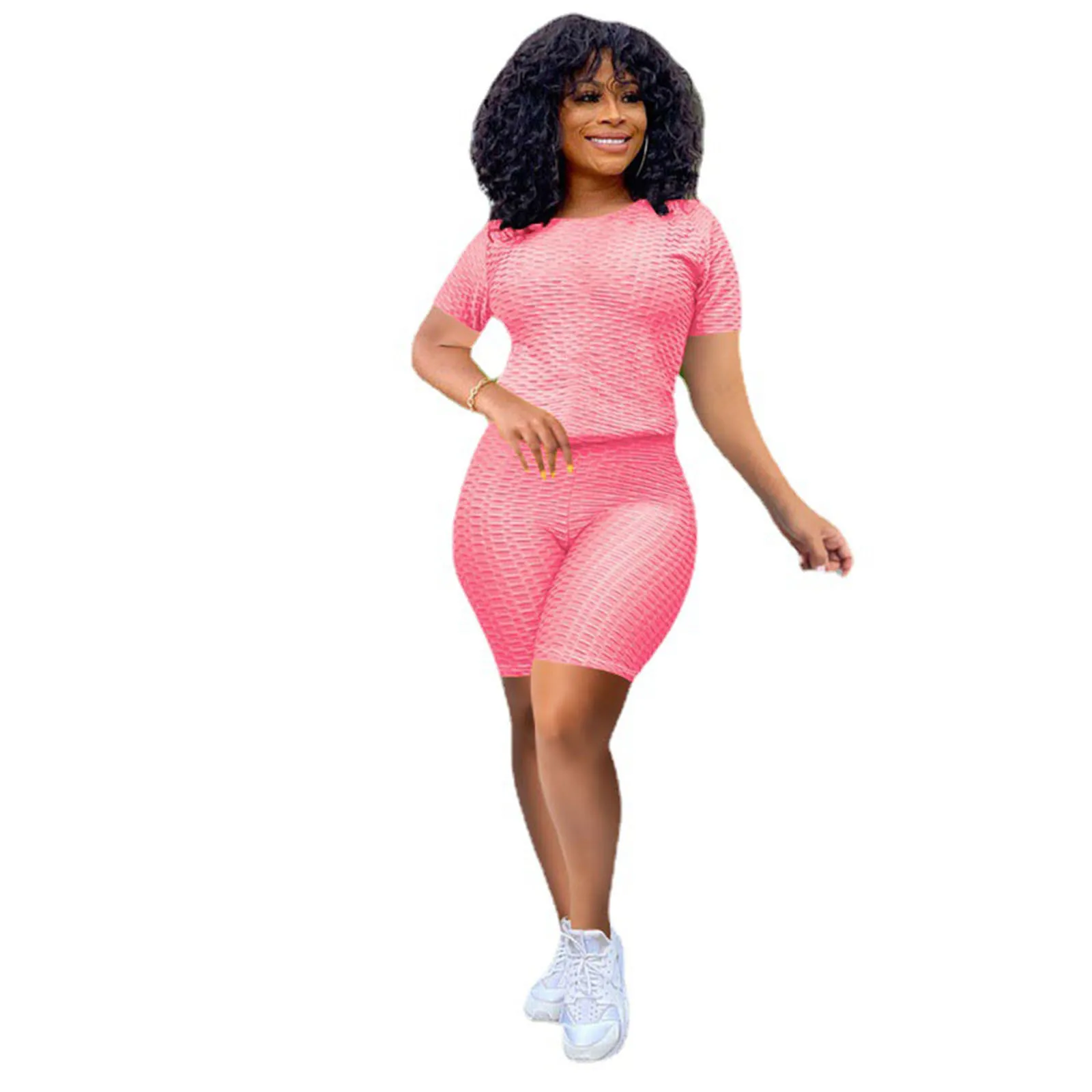 

Solid Color Rib High Elasticity Short Sleeves and Shorts Casual Two Piece Set New Arrival Summer 2021 Women Fashion Suits