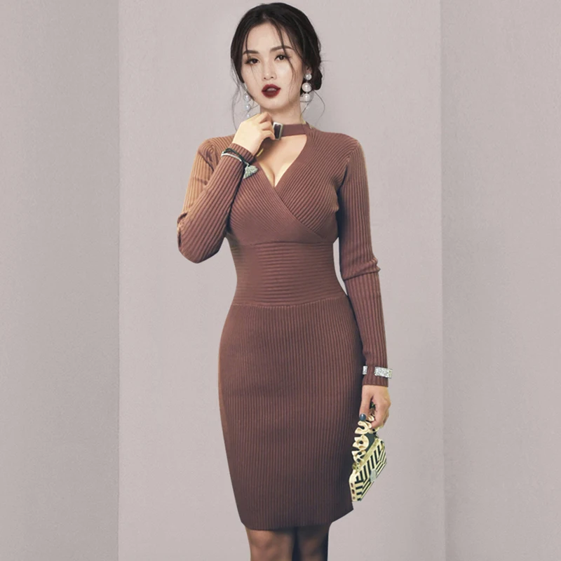 

Женское трикотажное платье-свитер, облегающее эластичное платье с V-образным вырезом и длинным рукавом, Осень-зима 2021