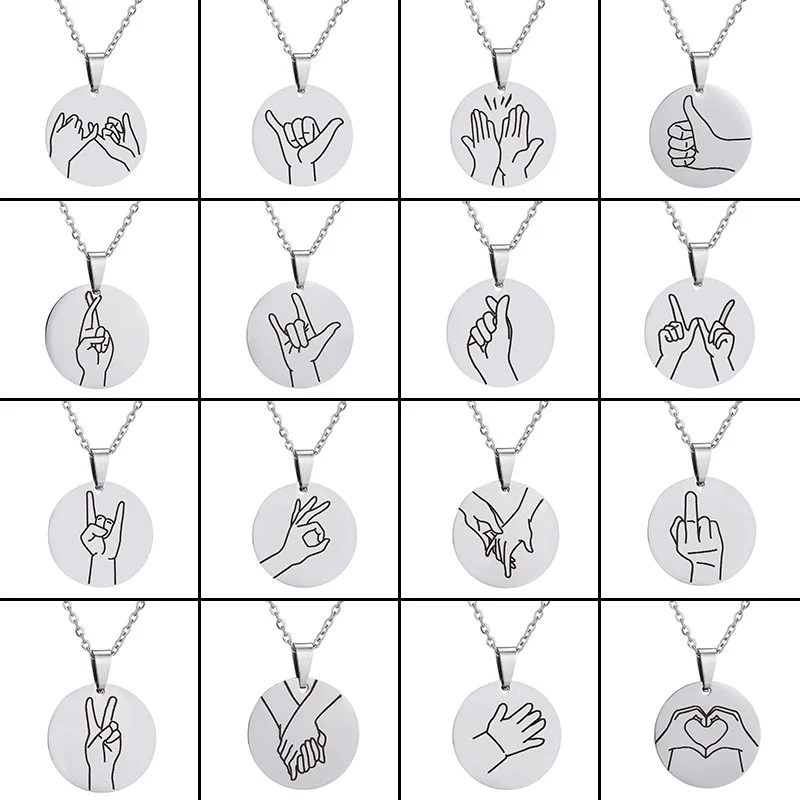 

Stainless Steel Hand Gesture Pendants Necklaces Engraved Sign Language Chain Necklace for Women Men Kids Friendship Gift