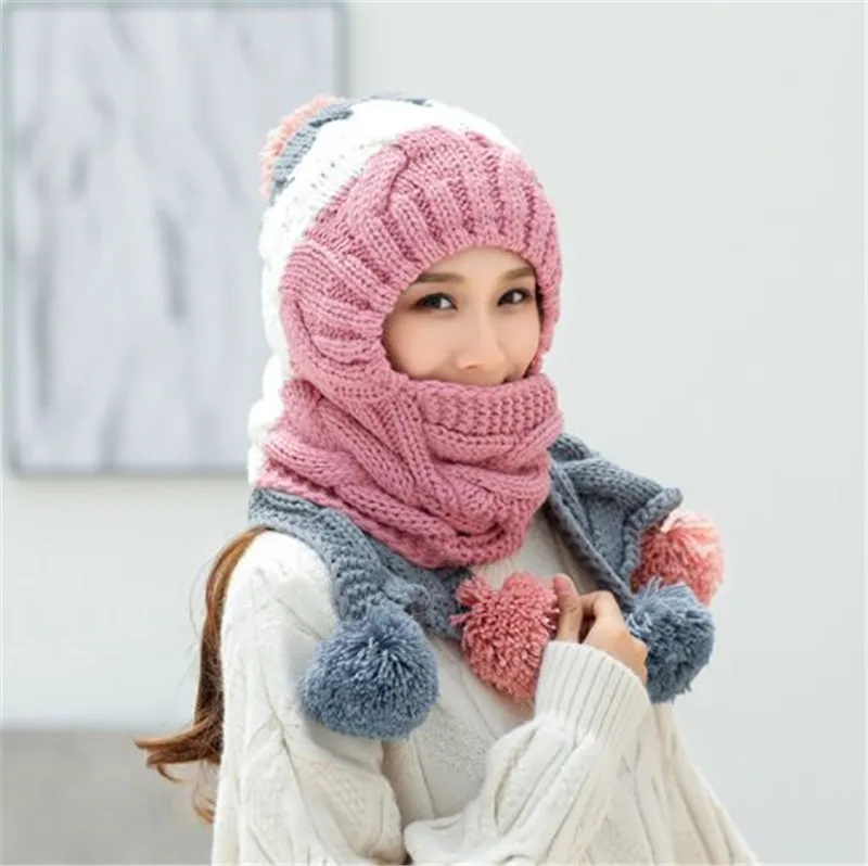 

JIUCE043 Winter Women Girls Thick Warm Pom pom Knitted Hat +Knitted Scarf Set Knit Skullies Beanie Cap