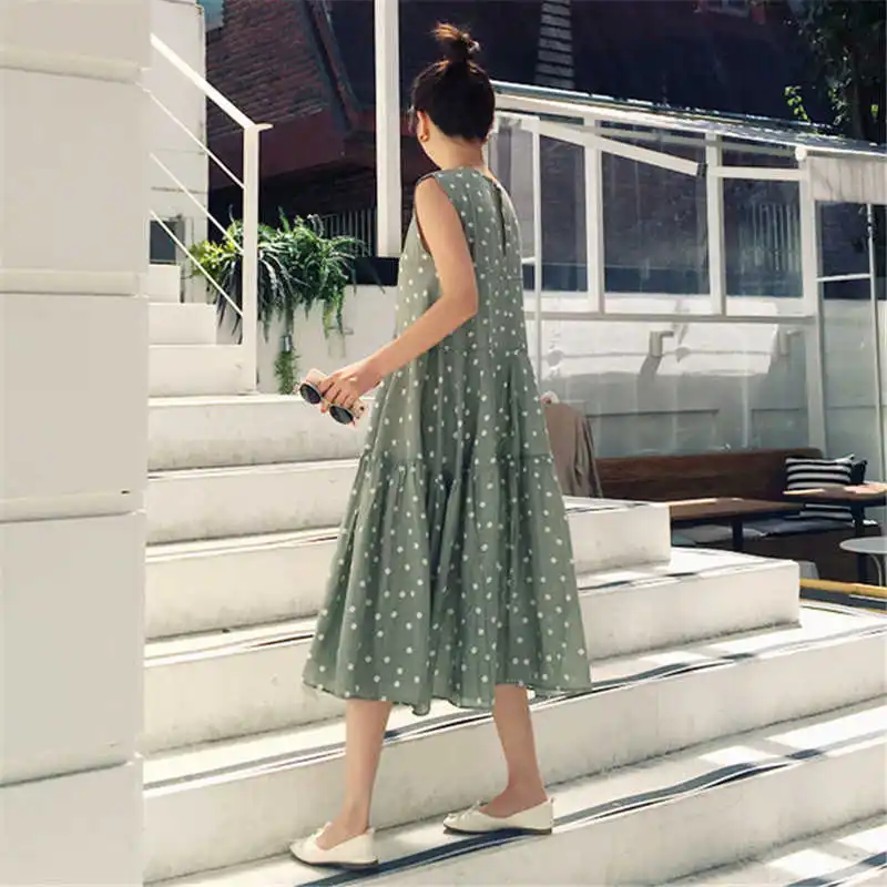 

LANMREM Korean Version Loose Sleeveless Chiffon A-line Dress 2021 Summer Chic Temperament Wave Point Dresses Large Size 2D5005