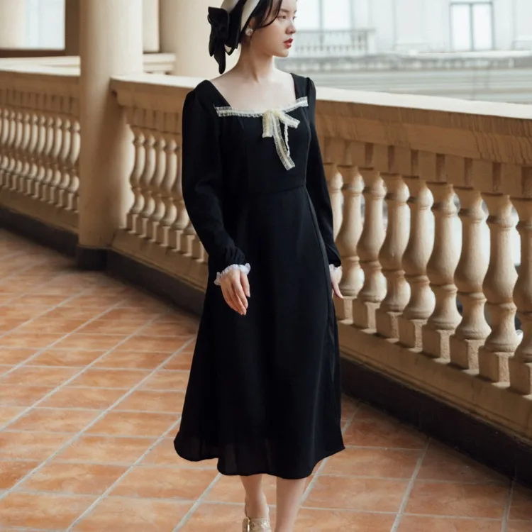 

Square Neck Lace Patchwork Black Dress Women Elegant Long Sleeve Fashion Lace Bow Spring Summer Dresses Office Ladies Vestido