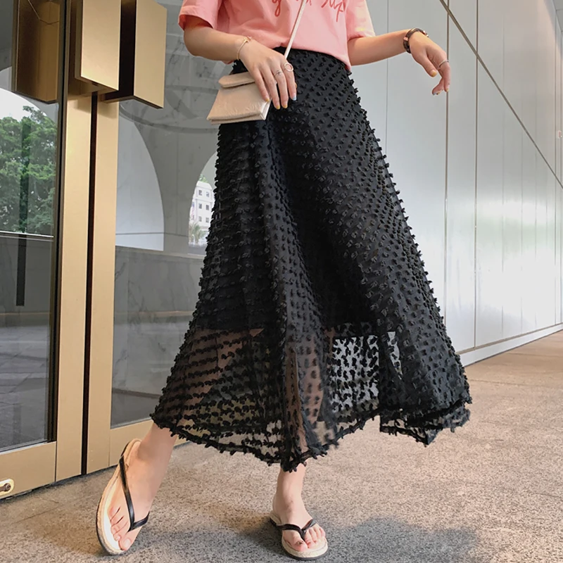 

Jupe Femme 2021 Autumn Casual Skirt Elastic High Waist Skirts Korean A Line Skirt Solid Graceful Mesh Chiffon Midi Skirts 10010